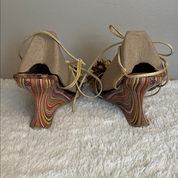 Cream Wedge Sandals with Strappy Design and Gold Studs. - Picture 8 of 8